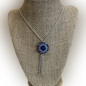 Hand crafted hand beaded blue Swarovski rivoli pendant silver plated chain